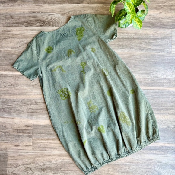 Hand-Painted Olive Green Short Sleeve Pocket Dress Unique Artwear (Fits M/L) - Picture 11 of 11